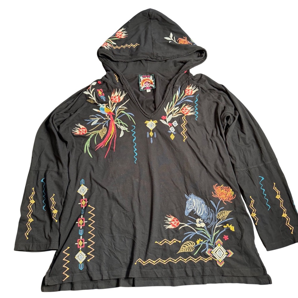 Johnny Was Black Embroidered Zebra Bird Floral Hoodie Pullover Top XL